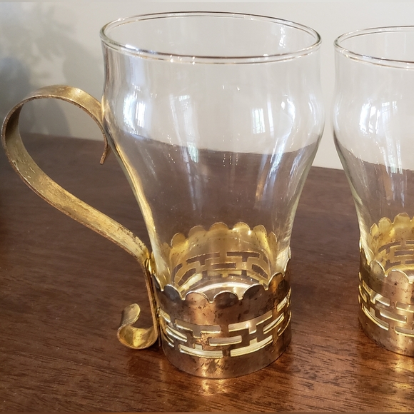 Vintage Glass Mugs with Brass Bands and Handles - Picture 2 of 16